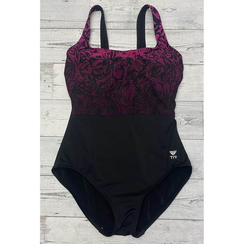 TYR Swimsuit One Piece Womens 10 Purple Black Floral Ombre Beach Vibes 80s 90s